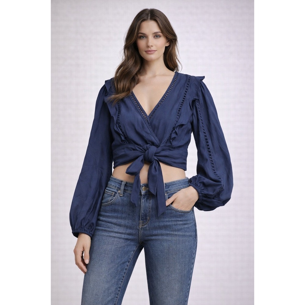 Paper Crane Wrap Top Womens Small Navy Blue Long Sleeve Ruffle Boho Blouse Tie